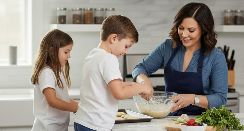 Chef Lura with her two kids in the kitchen
